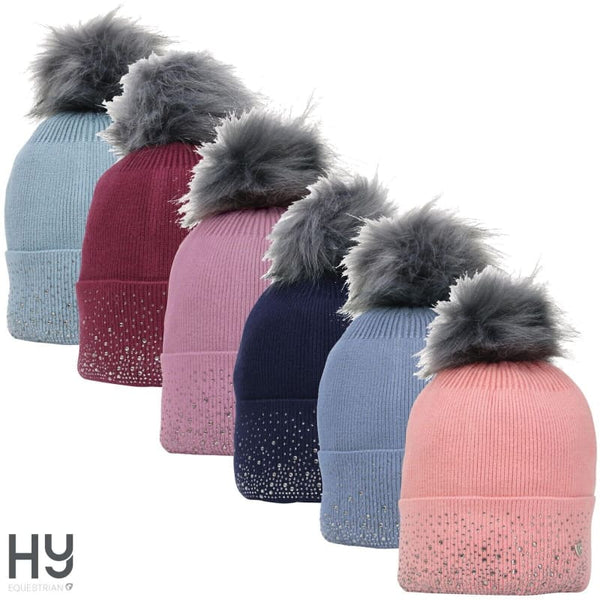 Hy Equestrian Synergy Diamante Bobble Hat Sparkly Wooly Hat With Faux Fur PomPom Cork Farm Equestrian