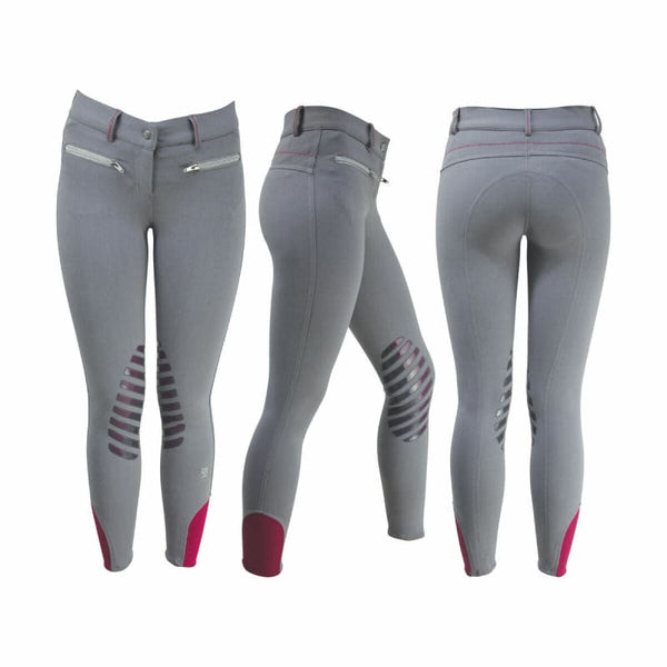 Hy Equestrian Arabella Ladies Breeches Silicone Knee Patches Grey/Pink 24-34'