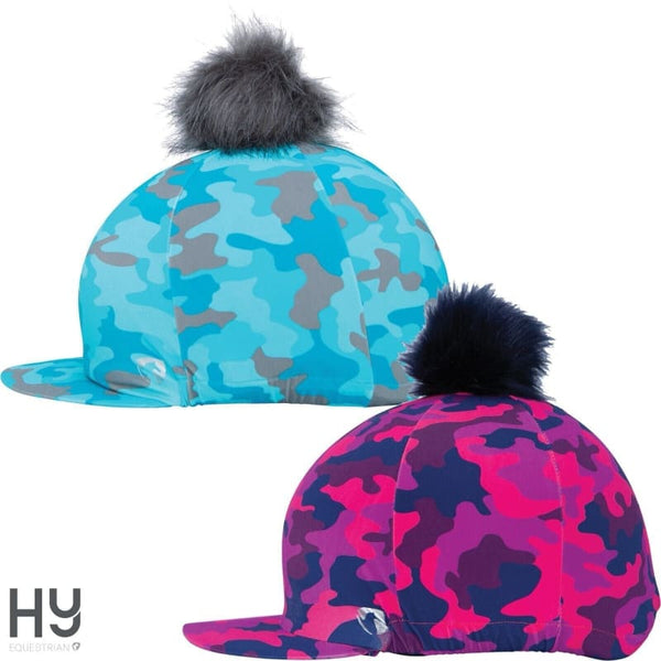 Hy Equestrian DynaForce Hat Cover Camo Stretch Hat Silk With Faux Fur PomPom