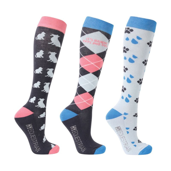 Hy Equestrian It’s Raining Cats and Dogs Socks Adults Long Riding Sock Pack of 3