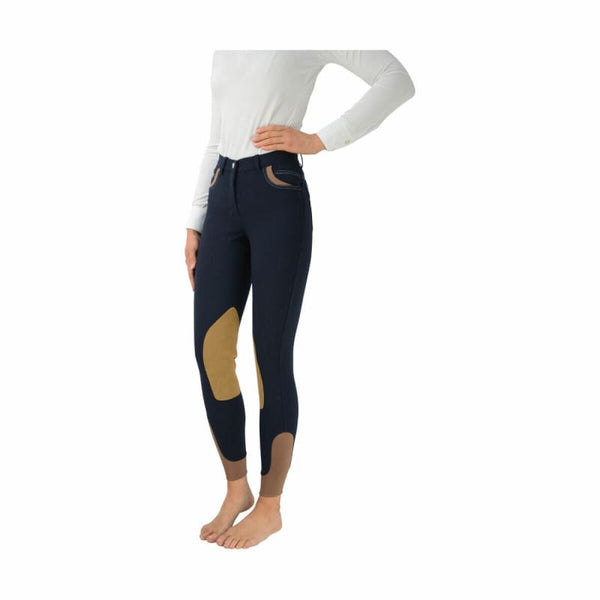 Hy Equestrian Malvern Ladies Breeches Alos Knee Patches Navy/Caramel 24-34