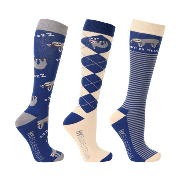 Hy Equestrian Slow Sloth Socks Adults Long Riding Sock Pack of 3 Grey/Blue