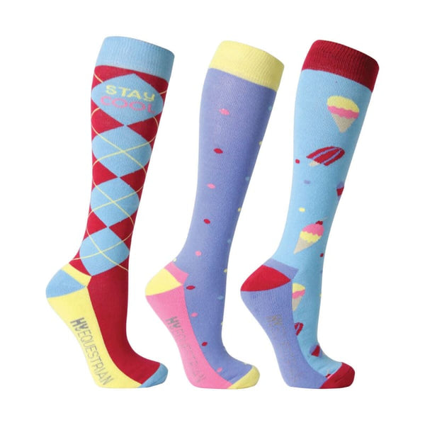 Hy Equestrian Stay Cool Socks Adults Long Riding Socks Ice Cream Print Pack of 3