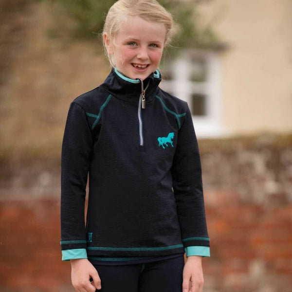 Mark Todd Childrens Kids Half Zip Pullover Equestrian Training Top Navy/Aqua