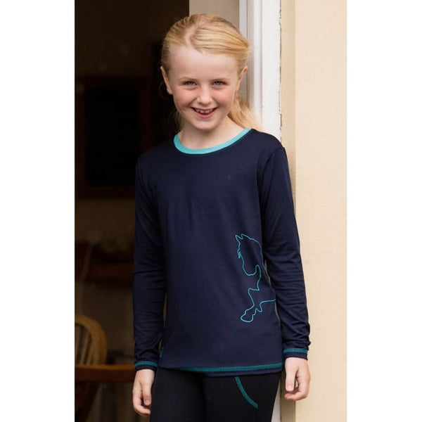 Mark Todd Childrens Kids  Long Sleeved Tee T-Shirt Horse Print Navy/Aqua S-L