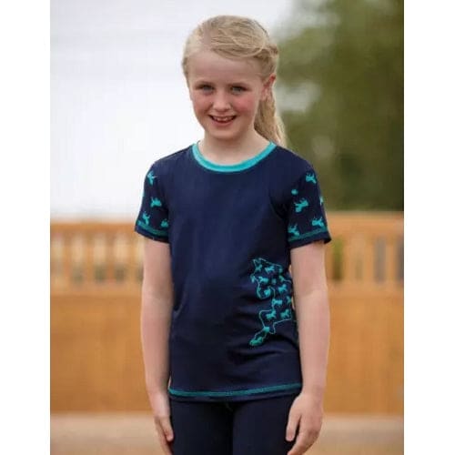 Mark Todd Childrens Kids Short Sleeve Tee T-Shirt Horse Print Navy/Aqua S-L