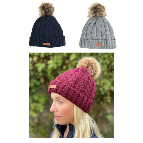 Mark Todd Warm Knitted Fleece Lined Bobble Hat Pom Pom Hat Grey/Navy/Burgundy